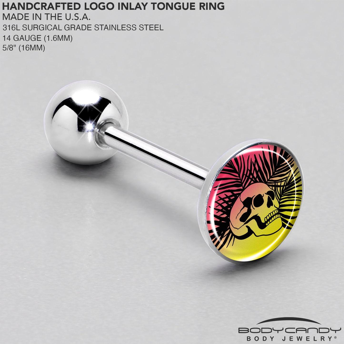 Red Haze Sunset Skull and Palms Barbell Tongue Ring by Onyx O
