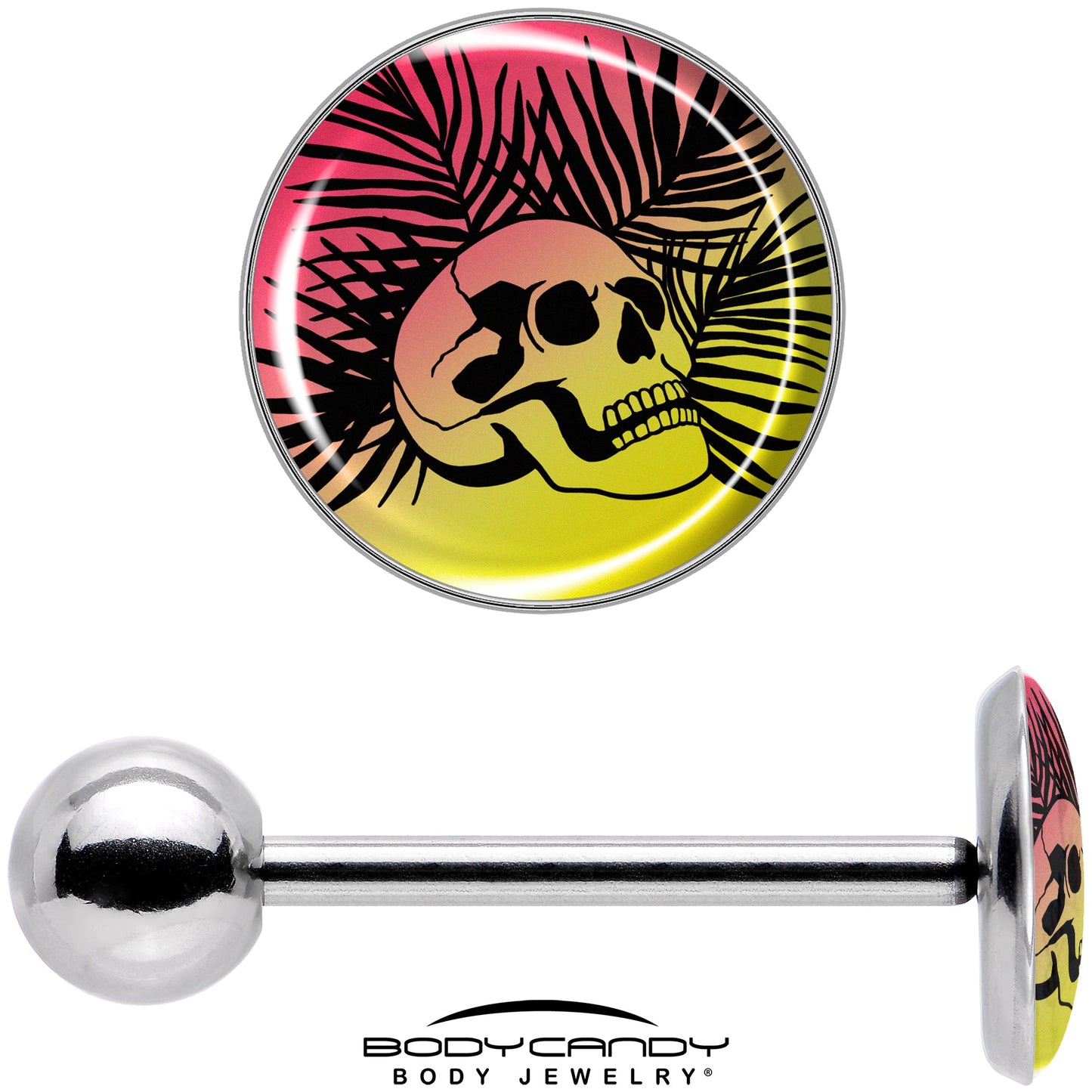 Red Haze Sunset Skull and Palms Barbell Tongue Ring by Onyx O