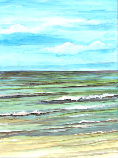 Artistic depiction of ocean waves with a blue sky above