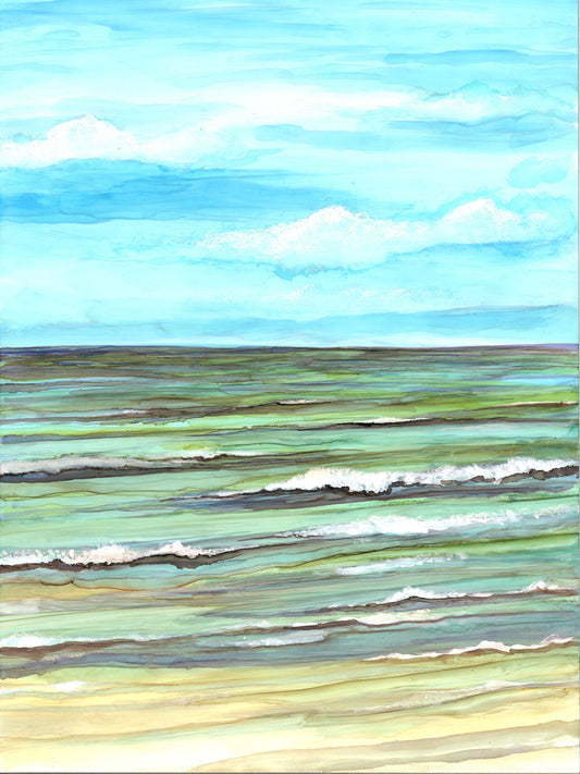 Artistic depiction of ocean waves with a blue sky above