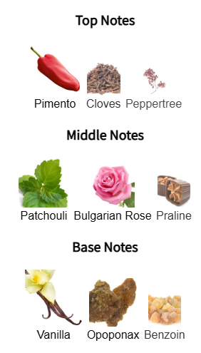 Chart of top, middle, and base notes with corresponding images and names on a white background.