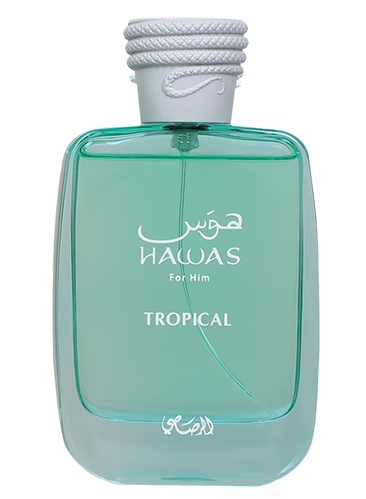 Perfume bottle labeled 'Hawas Tropical' on a white background