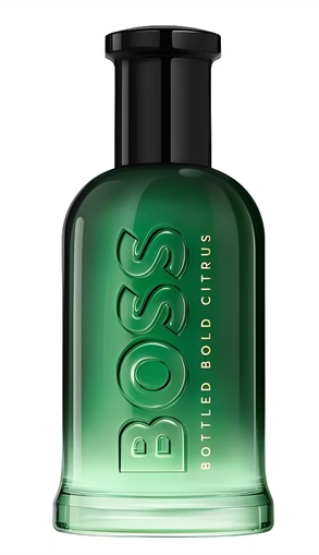 Green perfume bottle with black cap on a white background