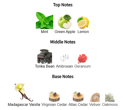 Chart of top, middle, and base notes with corresponding images and names on a white background.