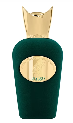 Green perfume bottle with gold cap and label on a white background