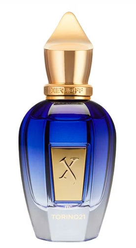 Blue perfume bottle with gold cap on a white background