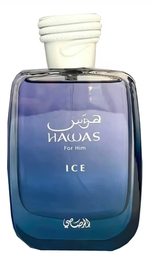 Blue perfume bottle labeled 'Hawas for Him Ice' on a white background