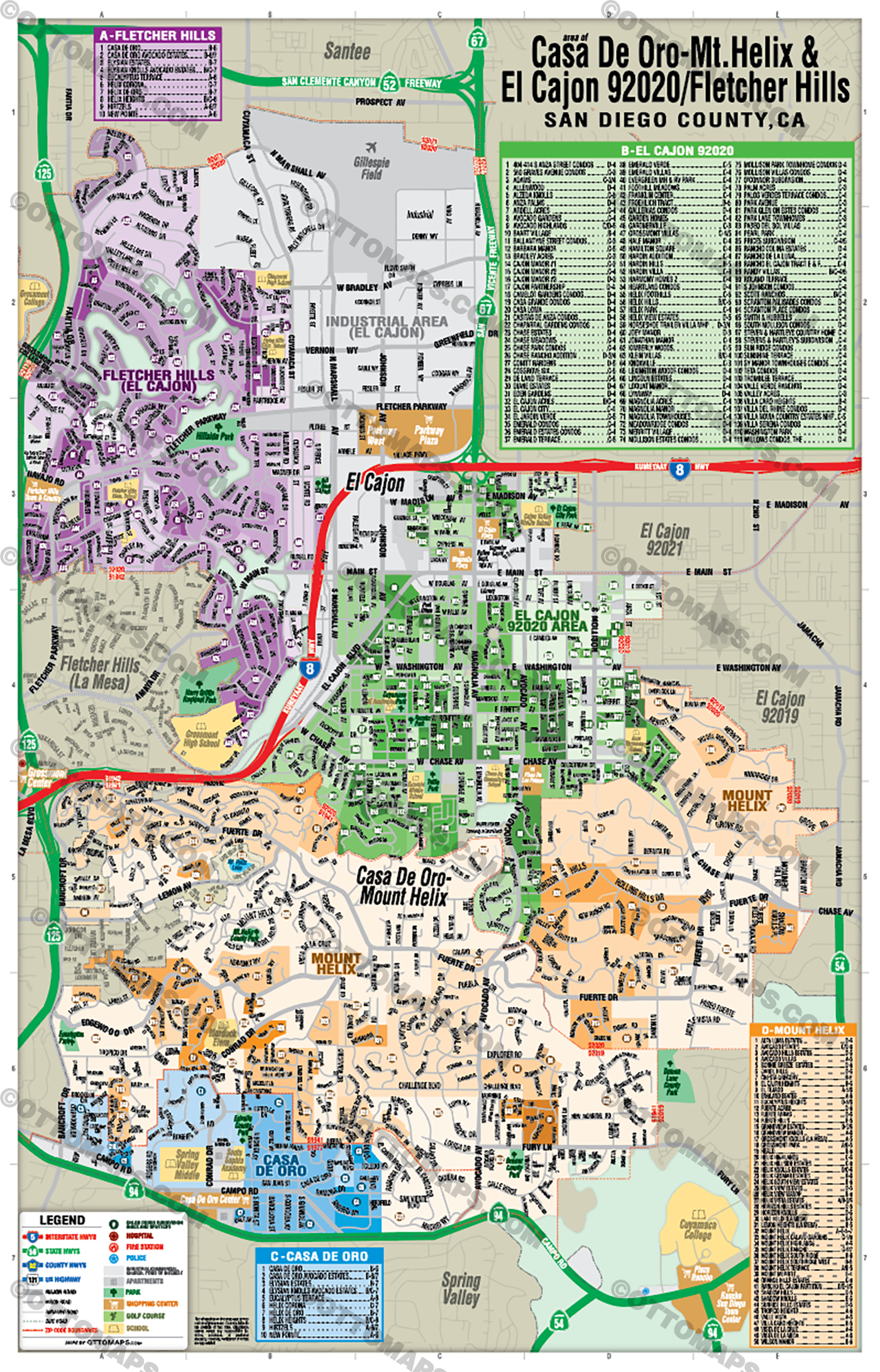 Casa De Oro - Mt Helix Map, with Fletcher Hills and El Cajon 92020, San Diego County, CA - POSTER PRINTS