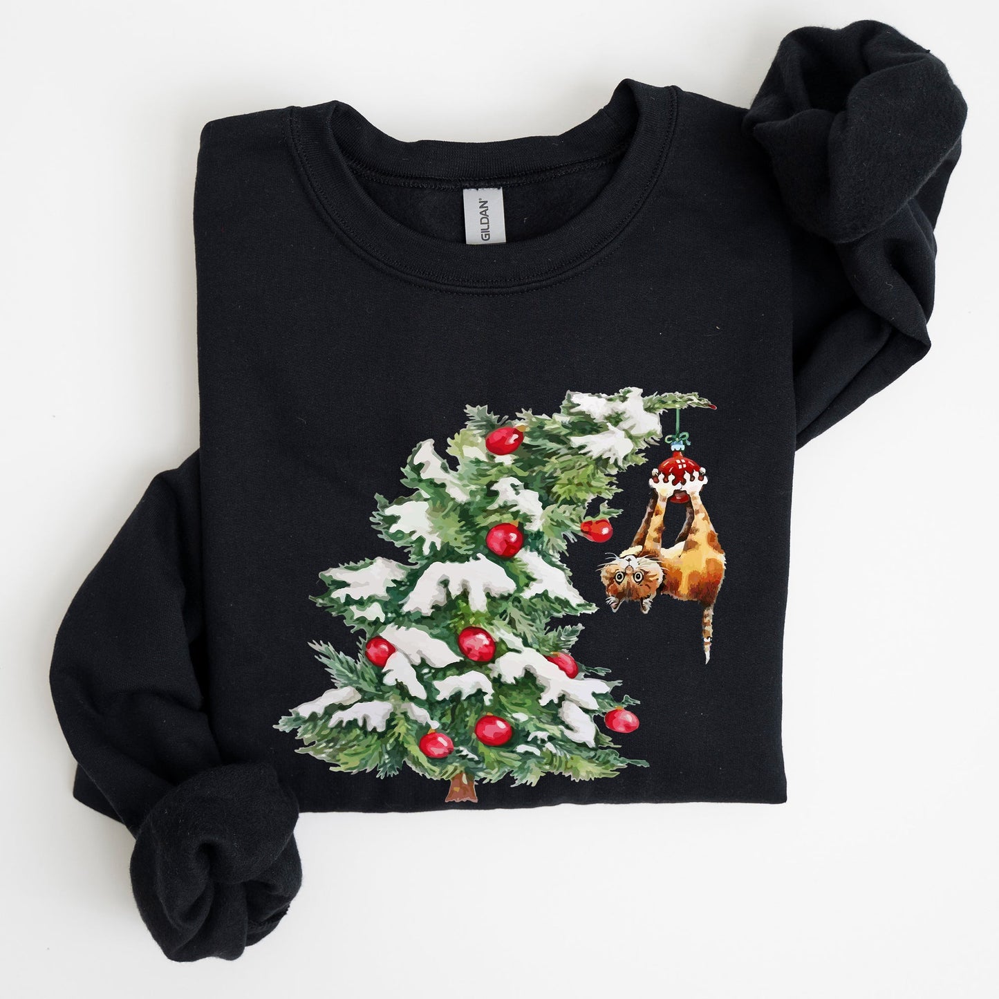 Cat Christmas Tree, Funny, Naughty, Winter, Santa, Snow, Xmas Sweatshirt