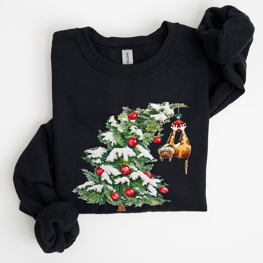 Cat Christmas Tree, Funny, Naughty, Winter, Santa, Snow, Xmas Sweatshirt