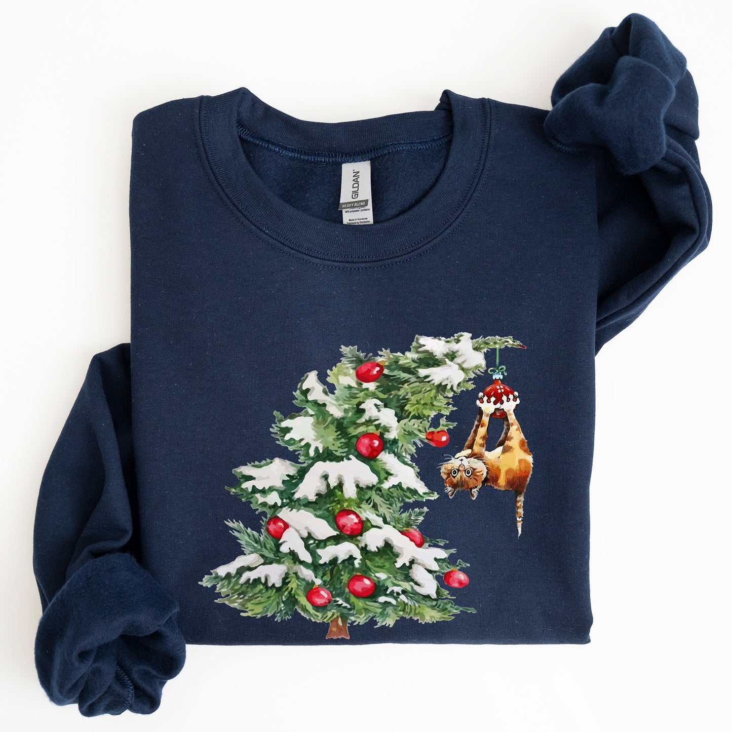 Cat Christmas Tree, Funny, Naughty, Winter, Santa, Snow, Xmas Sweatshirt