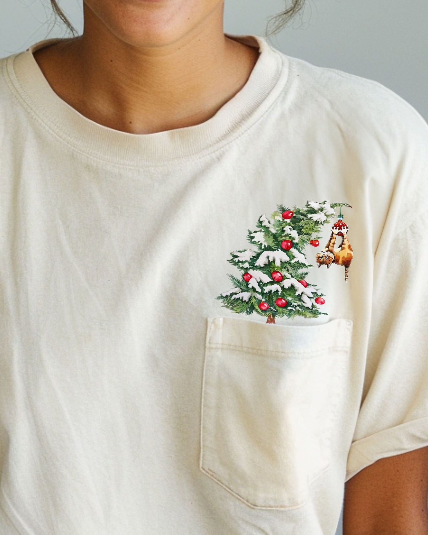 Cat, Christmas Tree, Pocket, Funny, Santa, Snow, Winter, Xmas Pocket Tee Comfort Colors T-Shirt