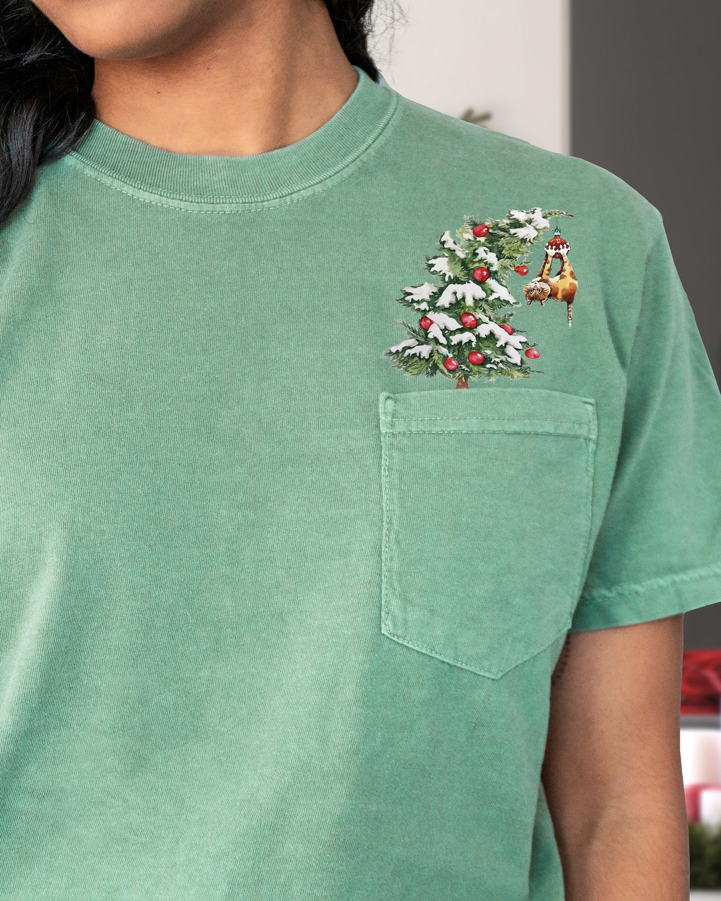 Cat, Christmas Tree, Pocket, Funny, Santa, Snow, Winter, Xmas Pocket Tee Comfort Colors T-Shirt