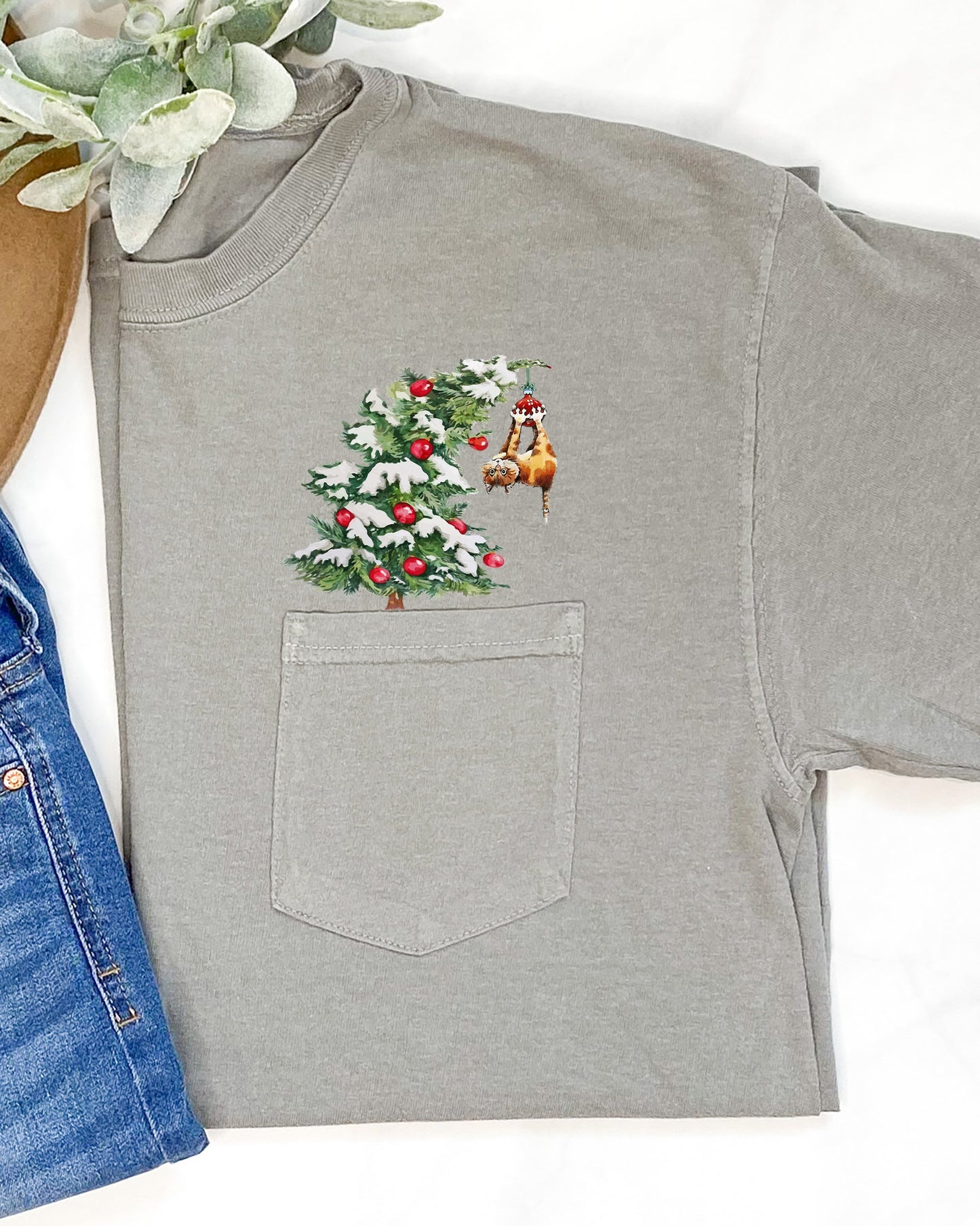 Cat, Christmas Tree, Pocket, Funny, Santa, Snow, Winter, Xmas Pocket Tee Comfort Colors T-Shirt
