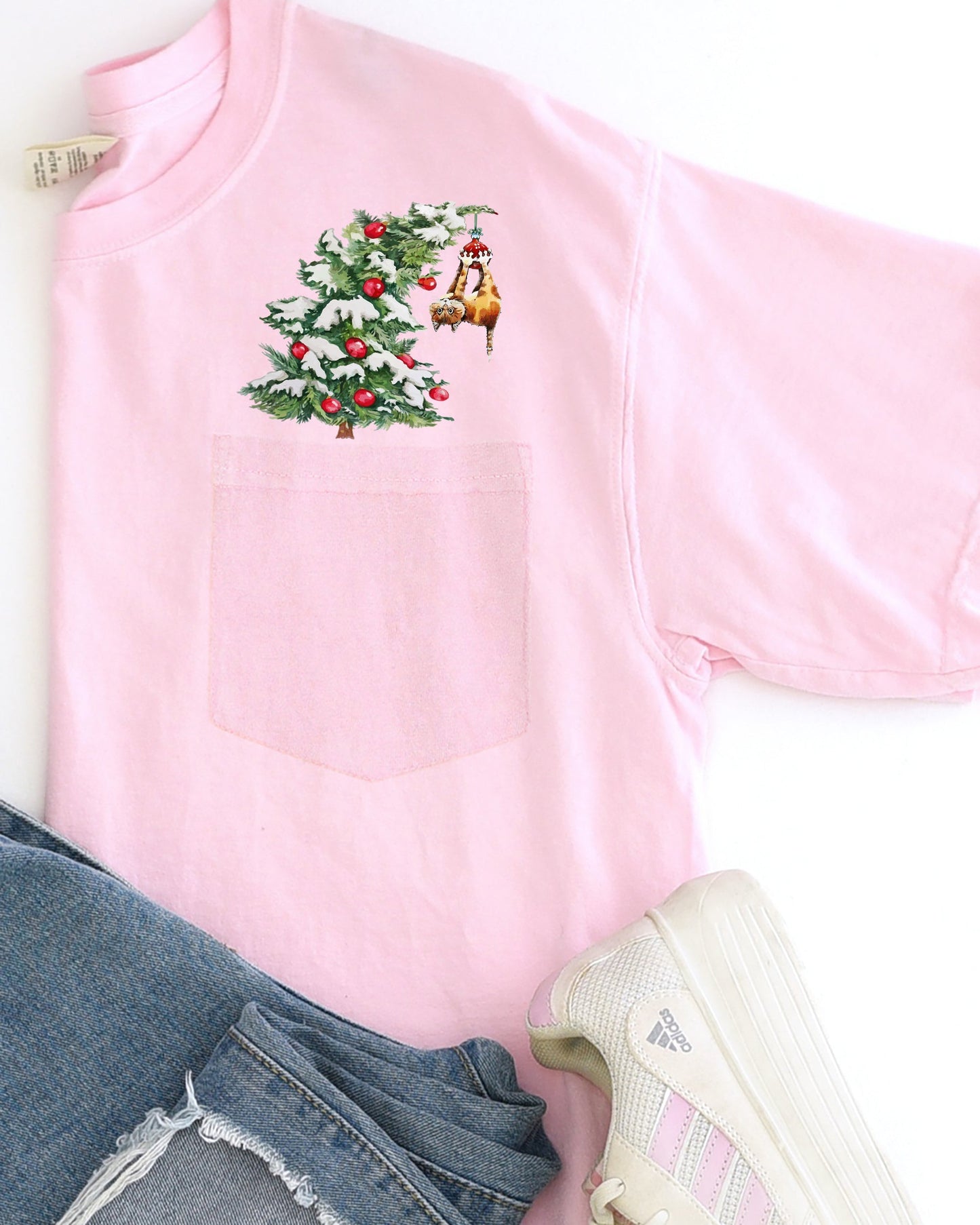 Cat, Christmas Tree, Pocket, Funny, Santa, Snow, Winter, Xmas Pocket Tee Comfort Colors T-Shirt