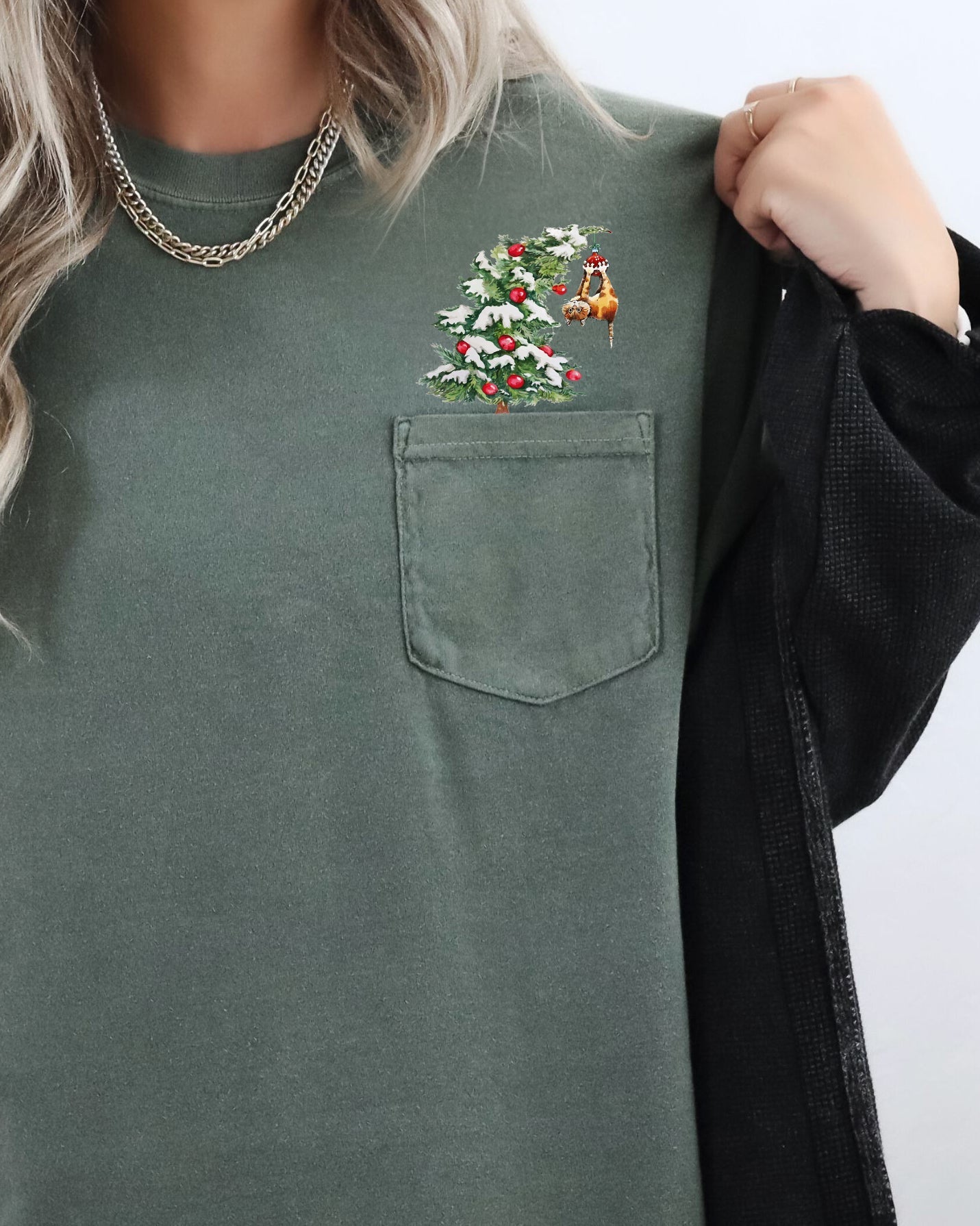 Cat, Christmas Tree, Pocket, Funny, Santa, Snow, Winter, Xmas Pocket Tee Comfort Colors T-Shirt