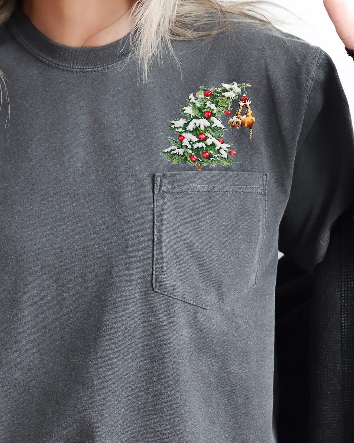 Cat, Christmas Tree, Pocket, Funny, Santa, Snow, Winter, Xmas Pocket Tee Comfort Colors T-Shirt