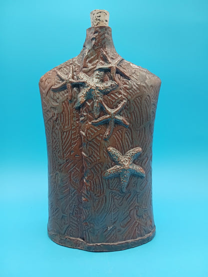 Ceramic Coastal Bottle Vase – Handcrafted Starfish Decor Rustic 10"