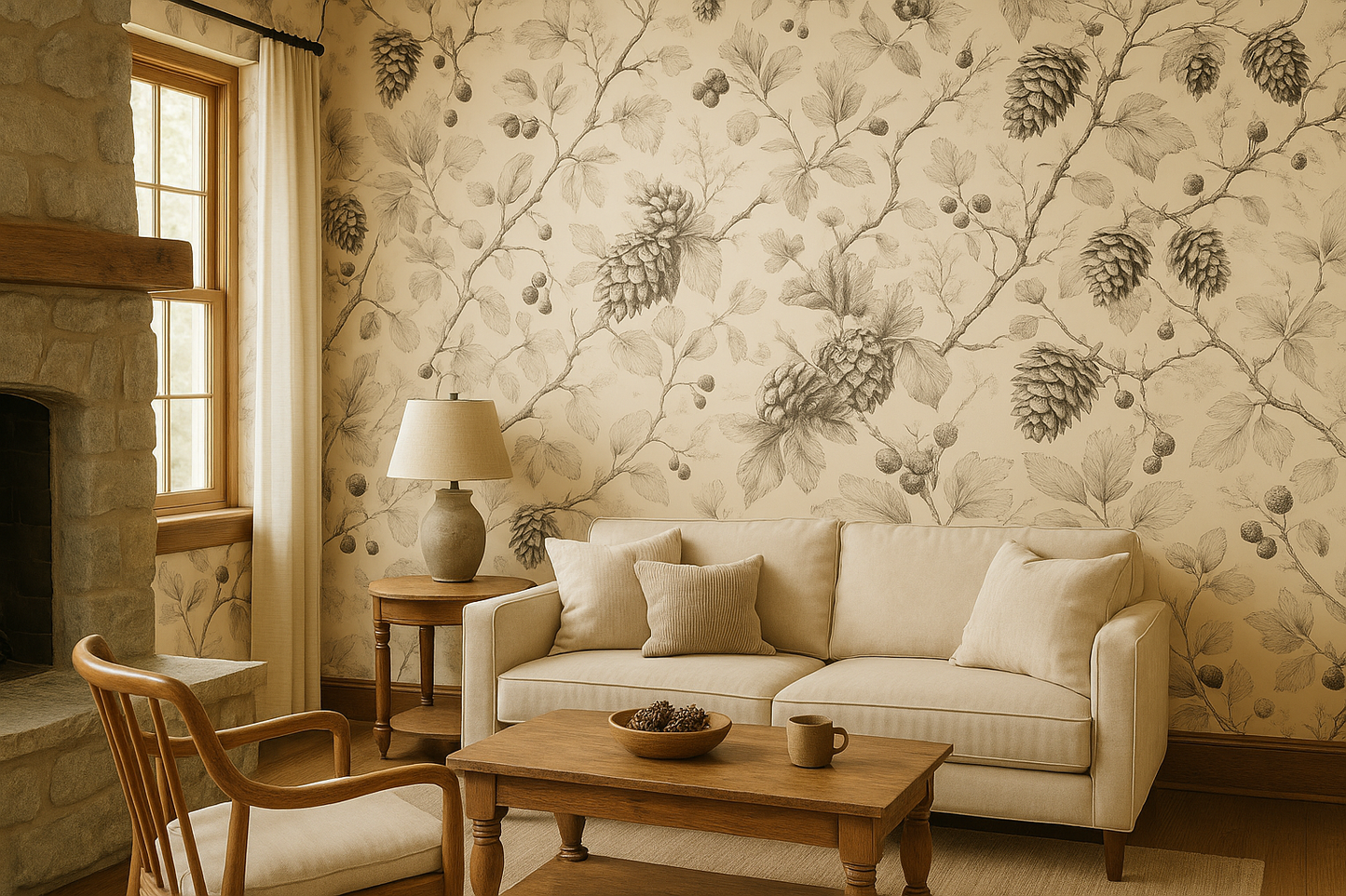 Woodland Toile Pinecone Wallpaper