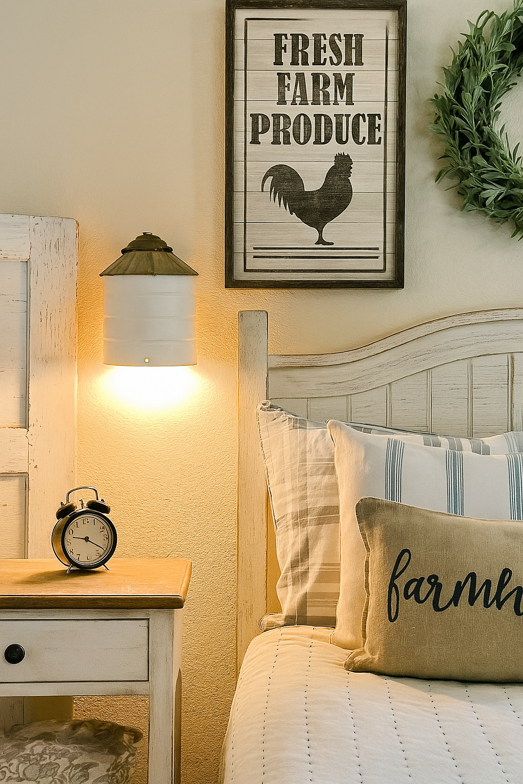 Nursery room with 'Fresh Farm Produce' sign, clock, and decorative pillows.