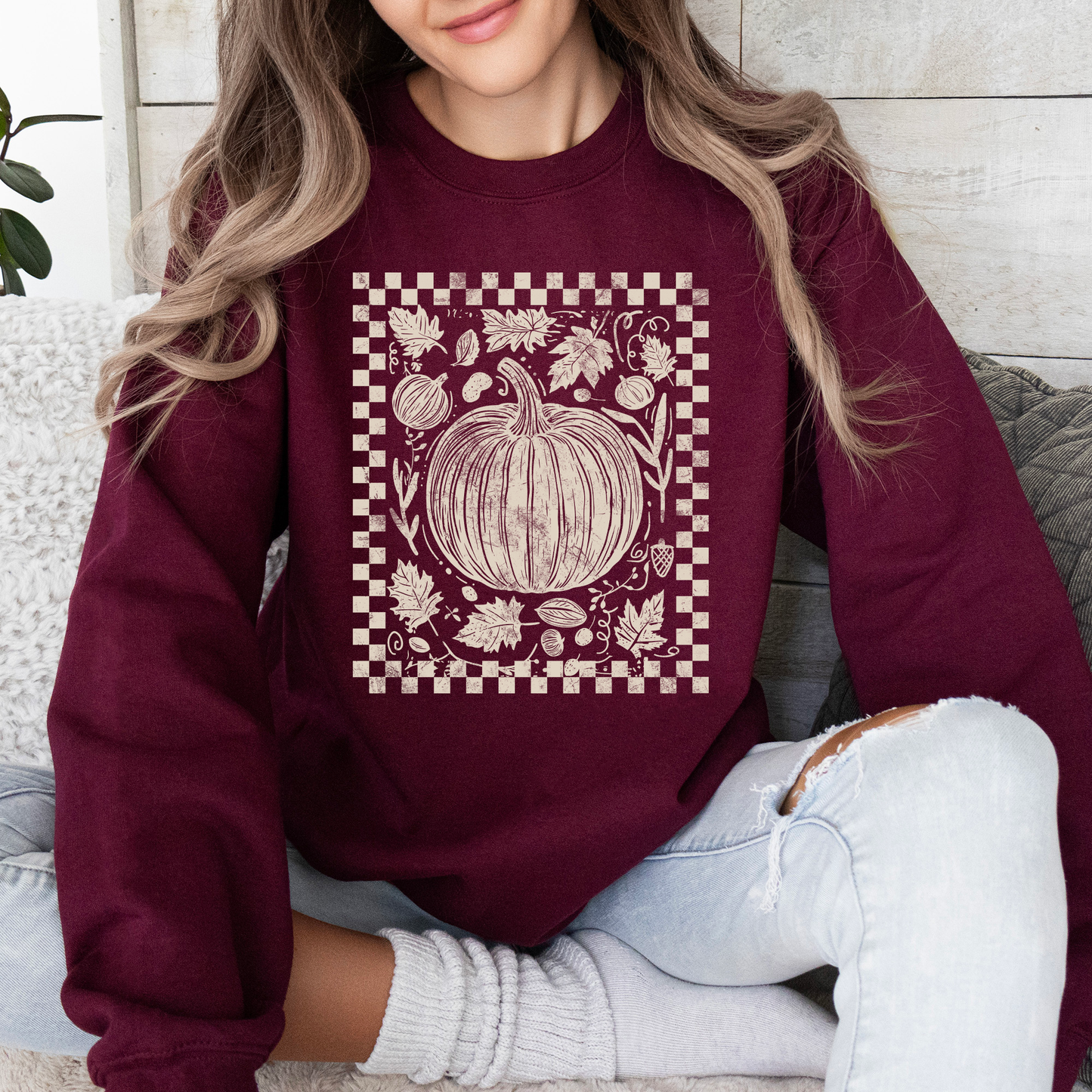 Checkered Pumpkin, Minimalist, Autumn, Fall Sweatshirt