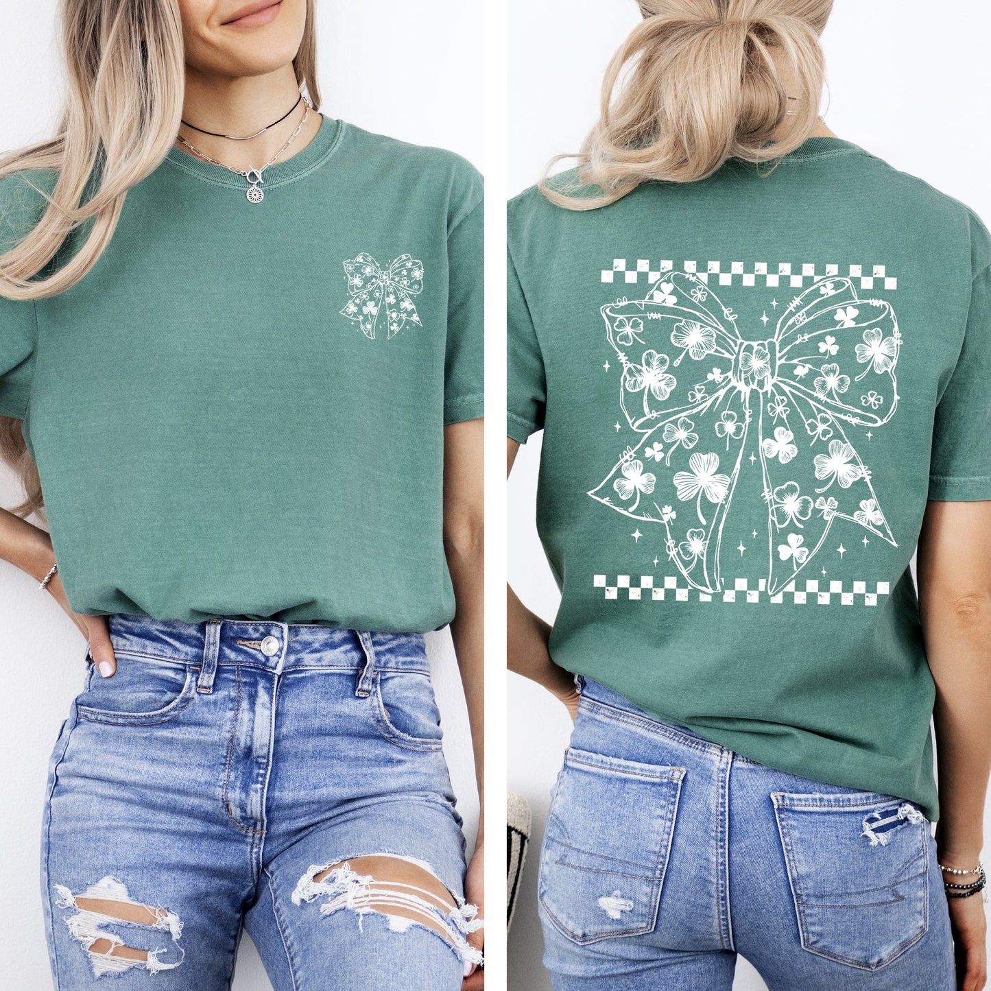 Checkered, Bow, Coquette, St Patrick's Day, Shamrock, Clover, Lucky, Leprechaun Tshirt Comfort Colors T-Shirt