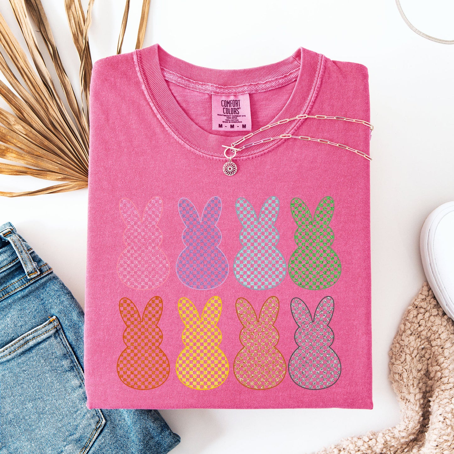 Checkered, Faux Glitter Bunnies, Easter, Bunny, Jesus, Rabbit, Holiday Tshirt Comfort Colors T-Shirt