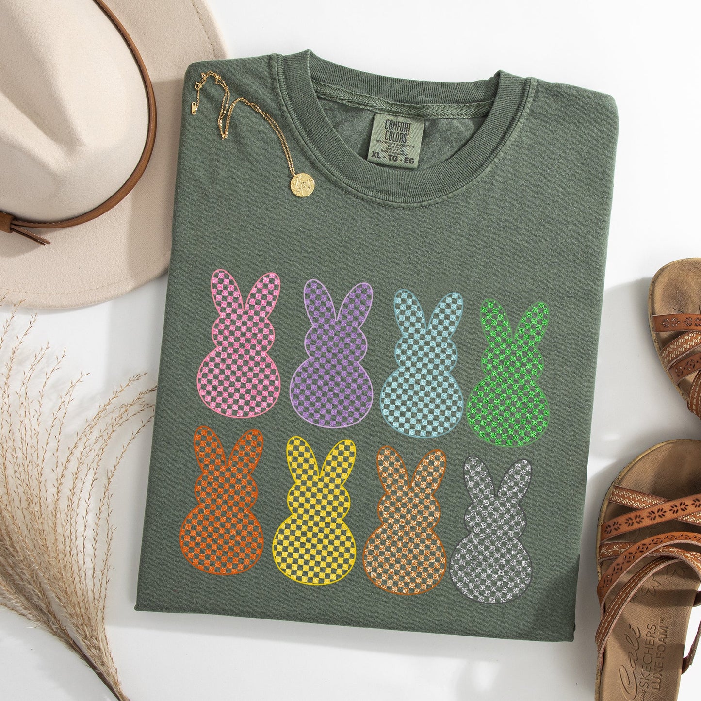 Checkered, Faux Glitter Bunnies, Easter, Bunny, Jesus, Rabbit, Holiday Tshirt Comfort Colors T-Shirt