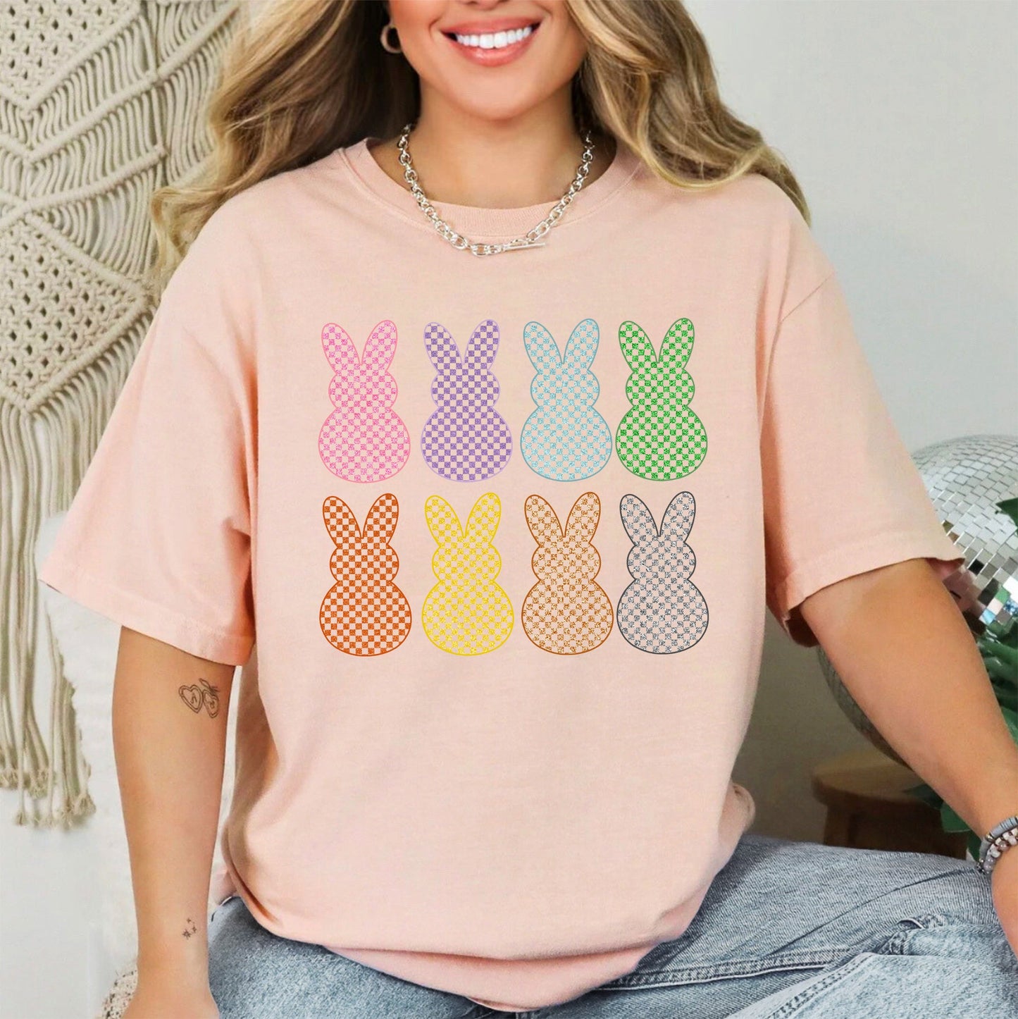 Checkered, Faux Glitter Bunnies, Easter, Bunny, Jesus, Rabbit, Holiday Tshirt Comfort Colors T-Shirt