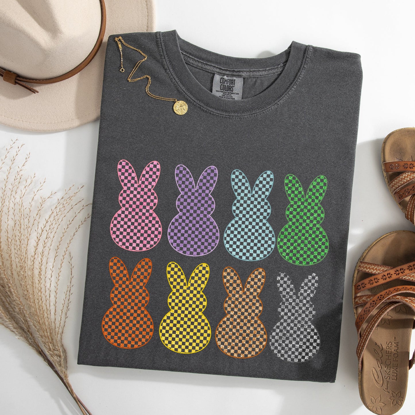 Checkered, Faux Glitter Bunnies, Easter, Bunny, Jesus, Rabbit, Holiday Tshirt Comfort Colors T-Shirt