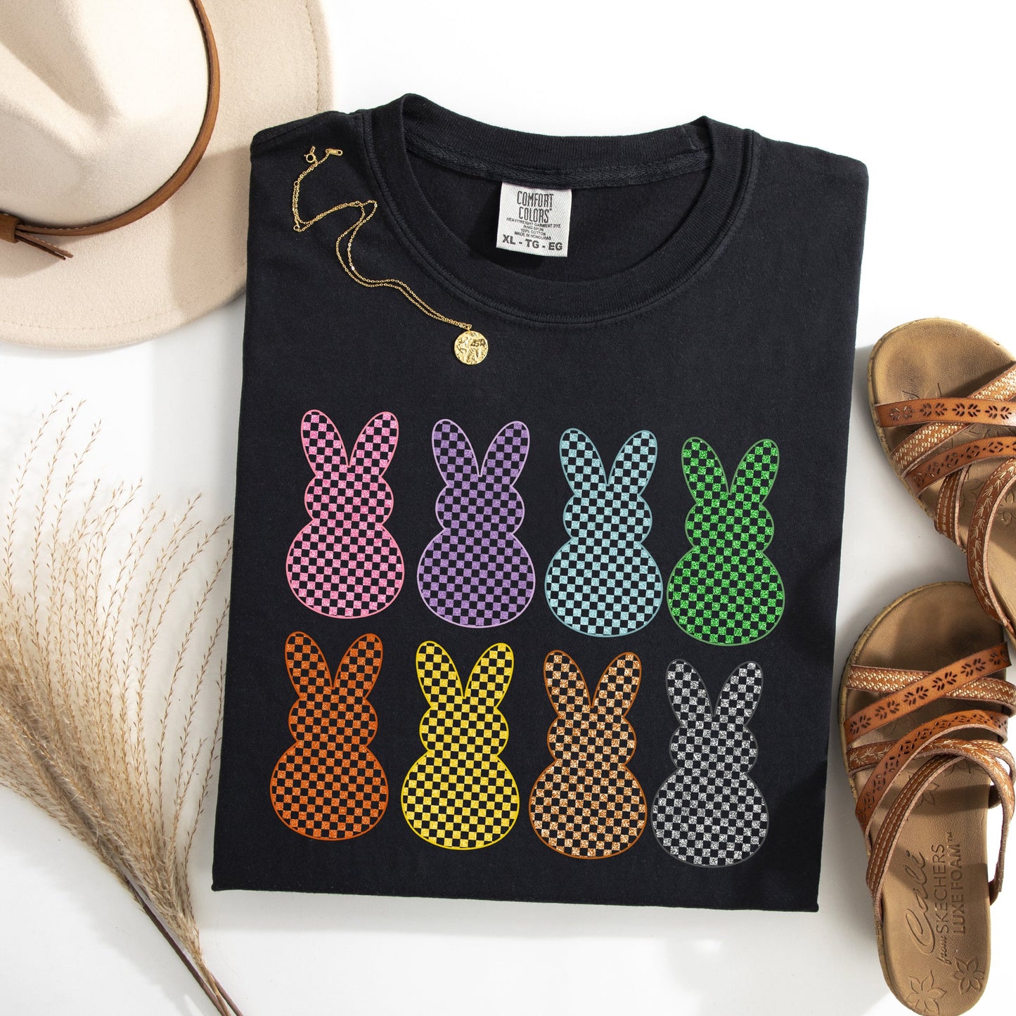 Checkered, Faux Glitter Bunnies, Easter, Bunny, Jesus, Rabbit, Holiday Tshirt Comfort Colors T-Shirt