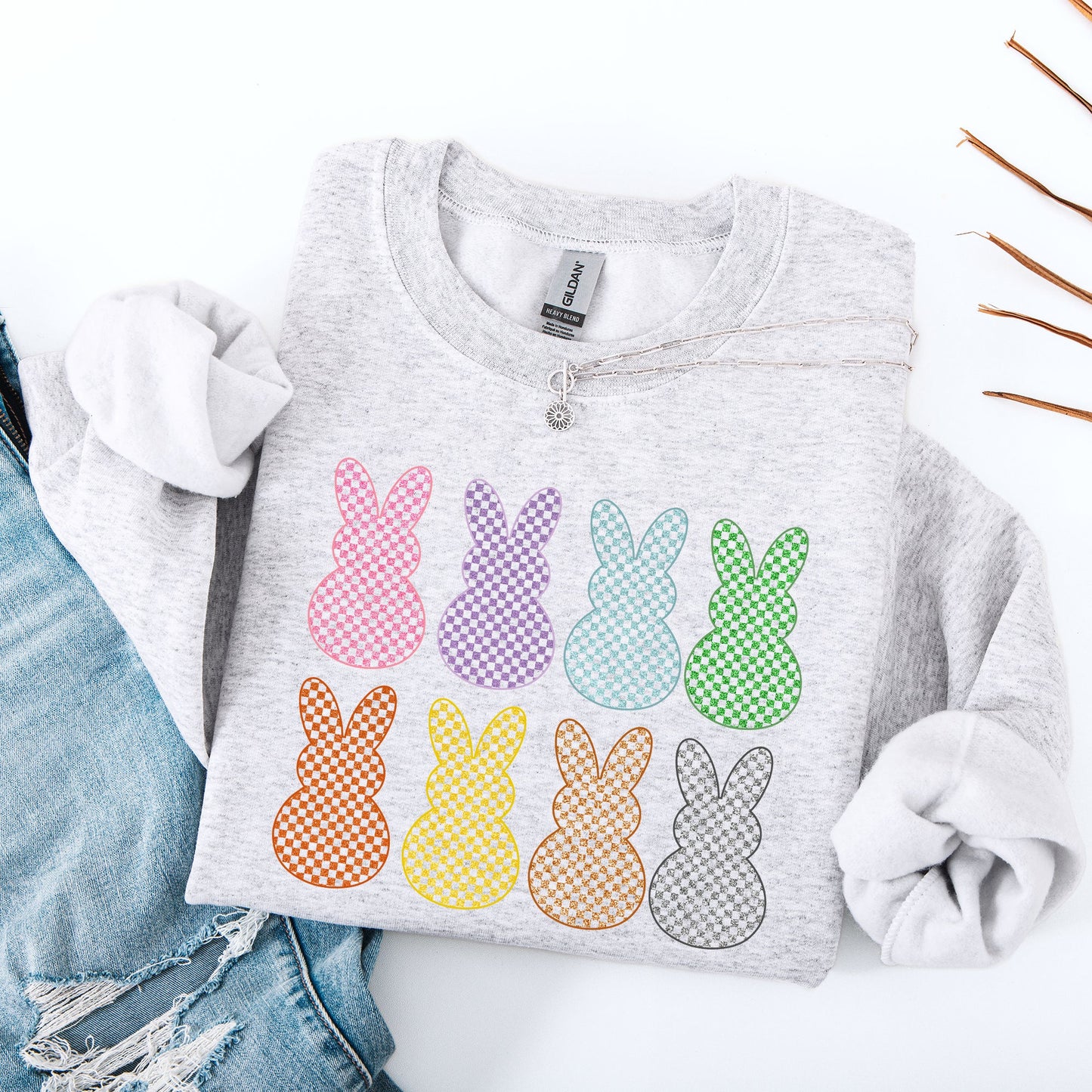 Checkered, Faux Glitter Bunnies, Easter, Bunny, Jesus, Rabbit, Holiday Sweatshirt