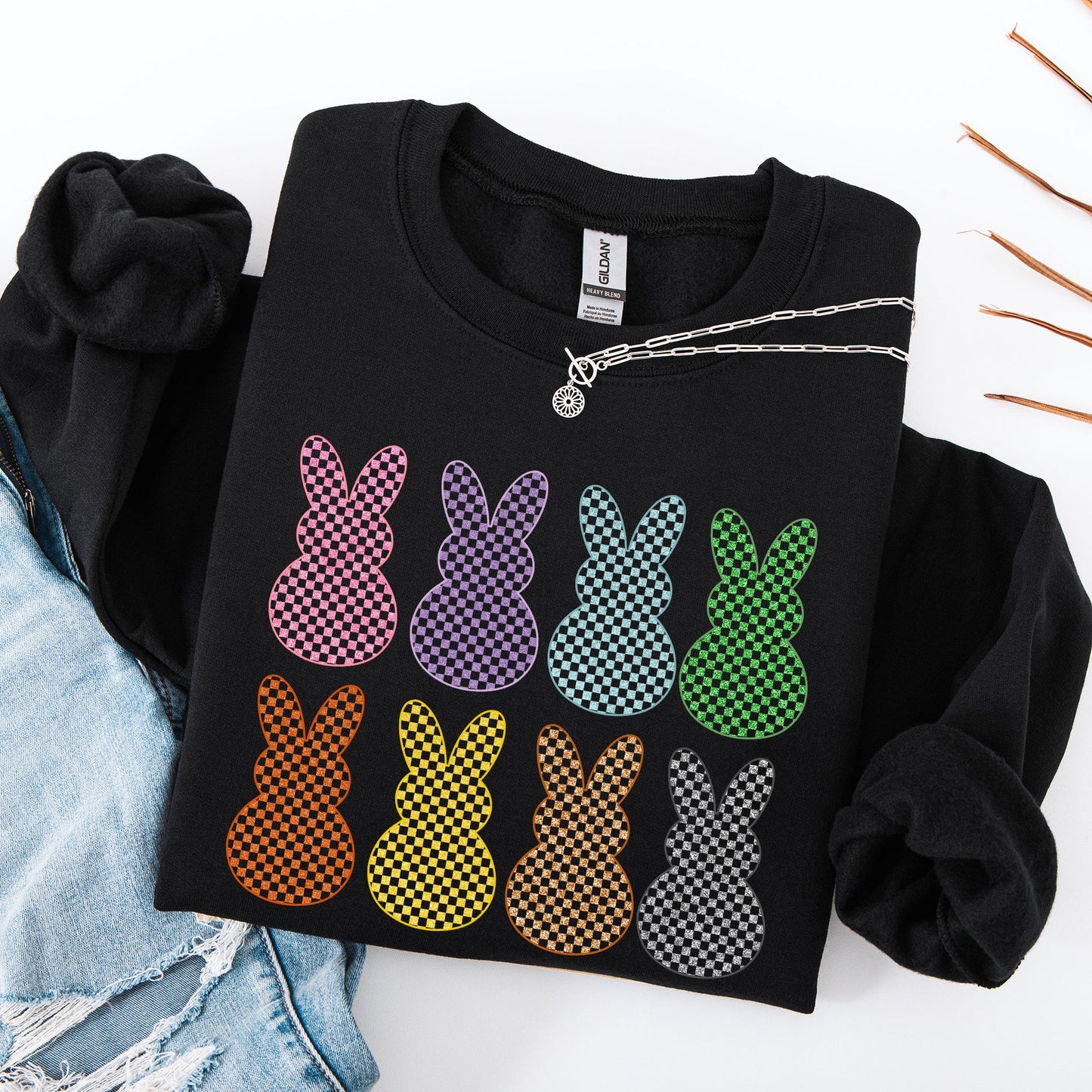 Checkered, Faux Glitter Bunnies, Easter, Bunny, Jesus, Rabbit, Holiday Sweatshirt