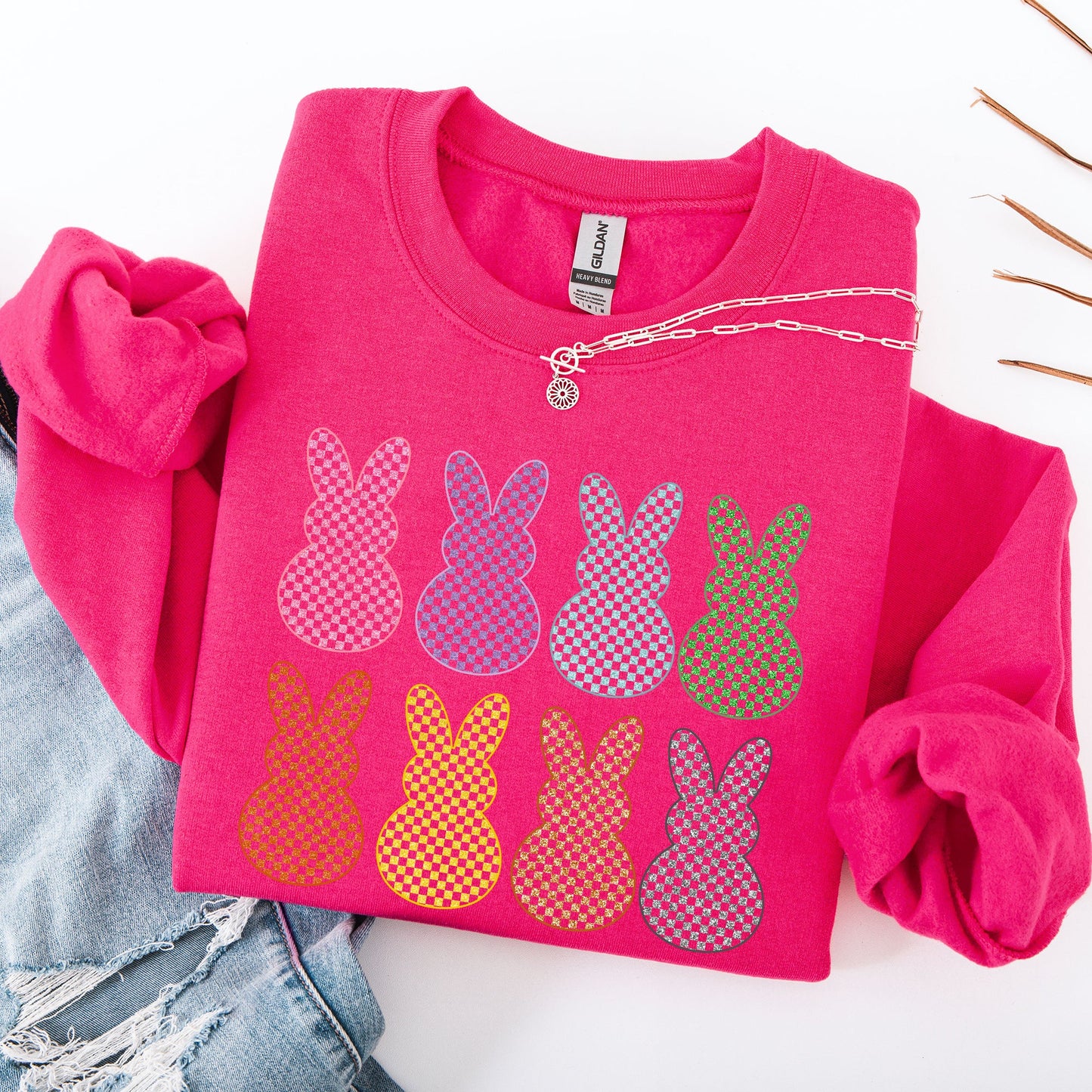 Checkered, Faux Glitter Bunnies, Easter, Bunny, Jesus, Rabbit, Holiday Sweatshirt