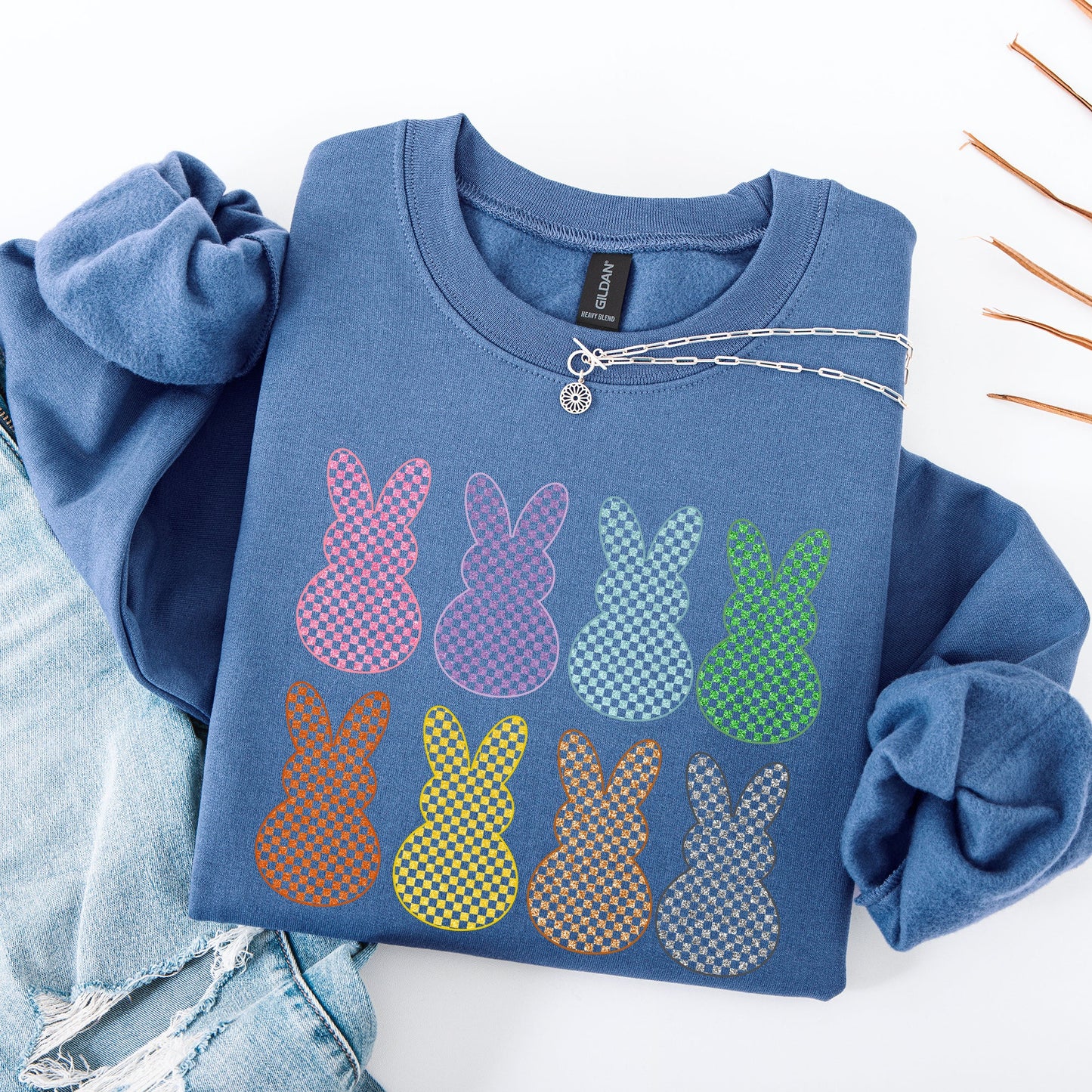 Checkered, Faux Glitter Bunnies, Easter, Bunny, Jesus, Rabbit, Holiday Sweatshirt