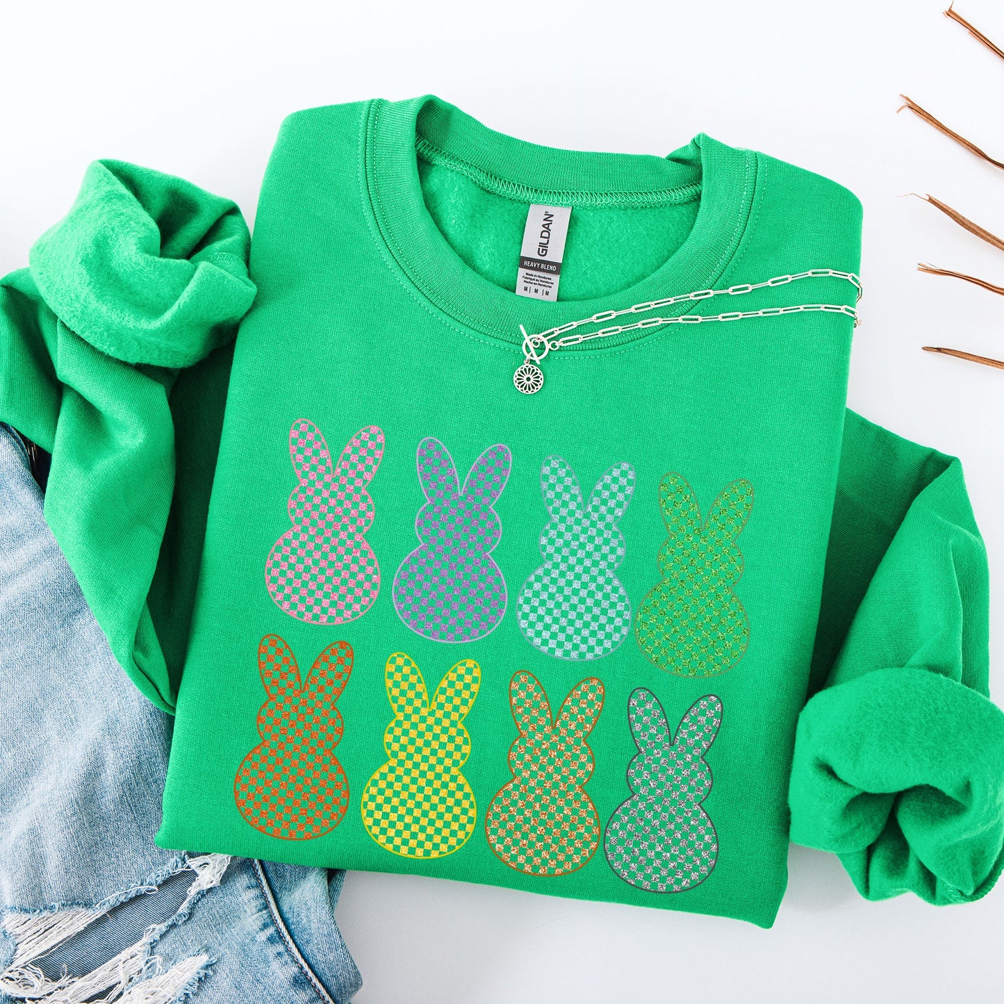 Checkered, Faux Glitter Bunnies, Easter, Bunny, Jesus, Rabbit, Holiday Sweatshirt