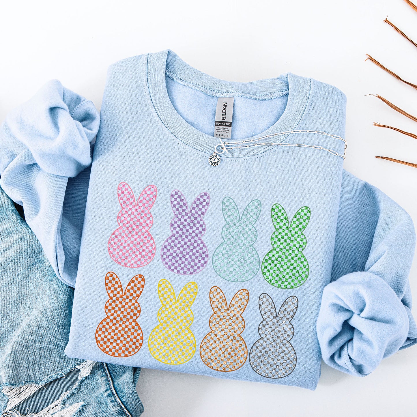 Checkered, Faux Glitter Bunnies, Easter, Bunny, Jesus, Rabbit, Holiday Sweatshirt