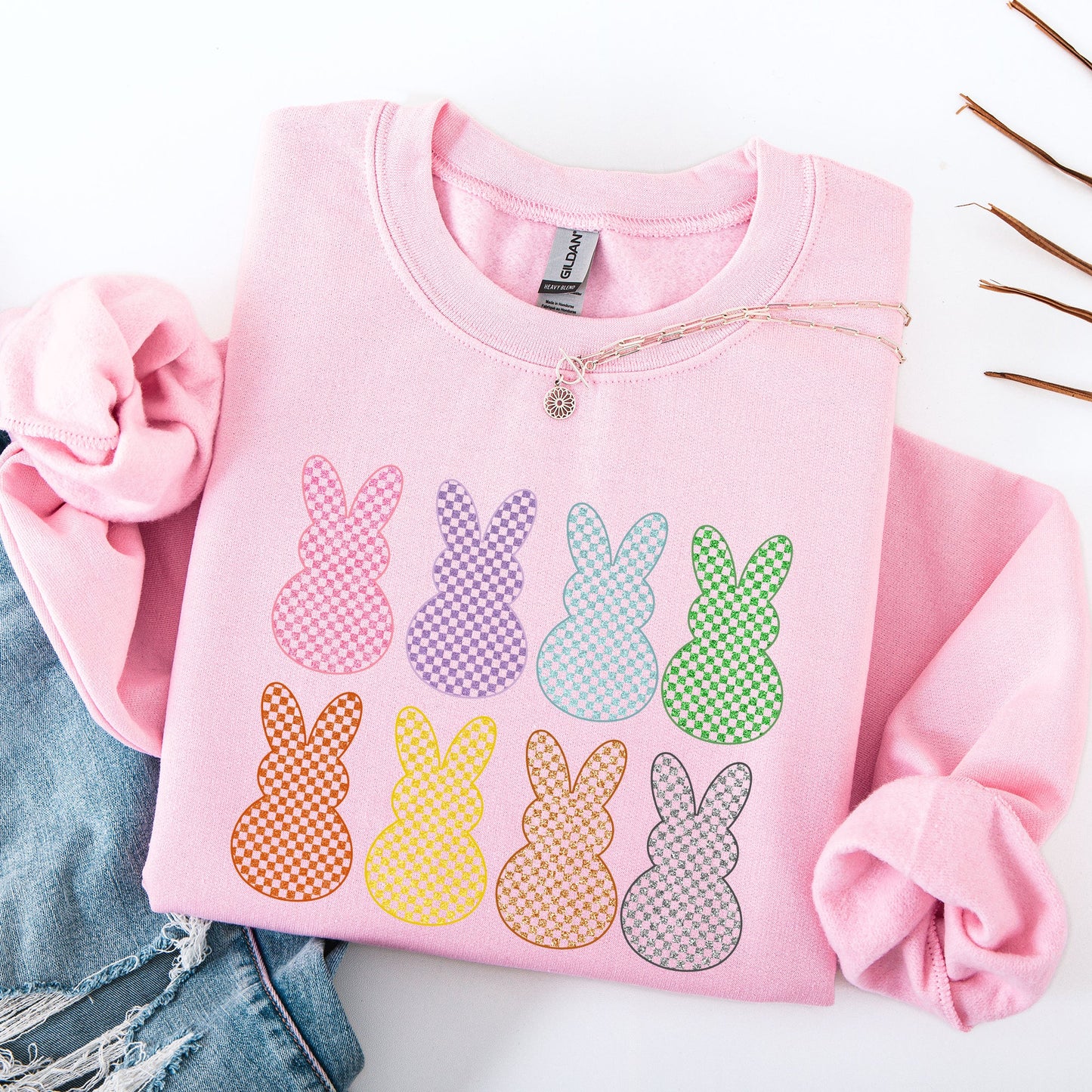 Checkered, Faux Glitter Bunnies, Easter, Bunny, Jesus, Rabbit, Holiday Sweatshirt