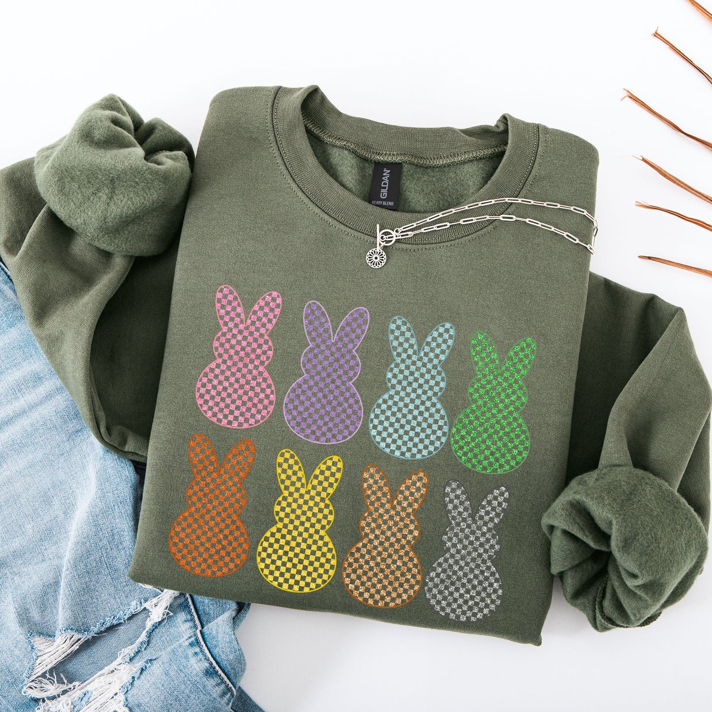 Checkered, Faux Glitter Bunnies, Easter, Bunny, Jesus, Rabbit, Holiday Sweatshirt