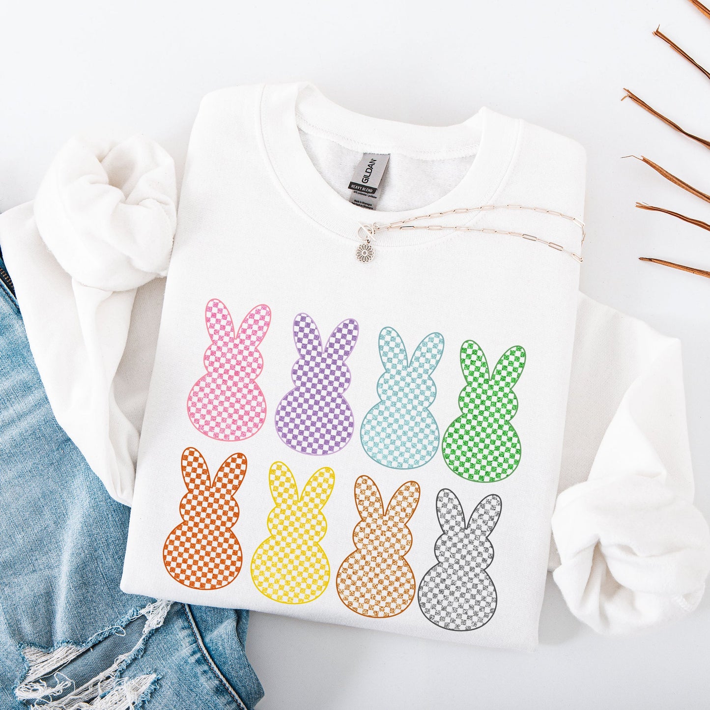 Checkered, Faux Glitter Bunnies, Easter, Bunny, Jesus, Rabbit, Holiday Sweatshirt