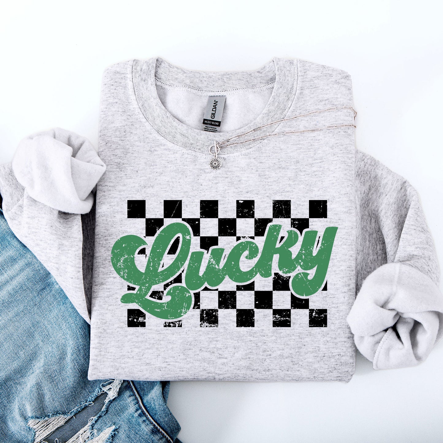 Checkered, Lucky, Retro, Vintage, St Patrick's Day, Shamrock, Clover, Lucky, Leprechaun Sweatshirt