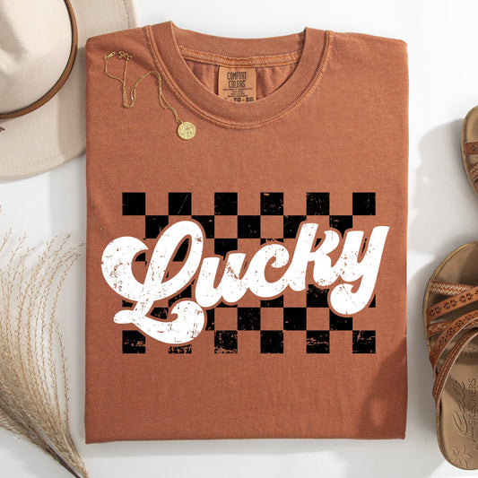 Checkered, Lucky, Retro, Vintage, St Patrick's Day, Shamrock, Clover, Lucky, Leprechaun Tshirt Comfort Colors T-Shirt