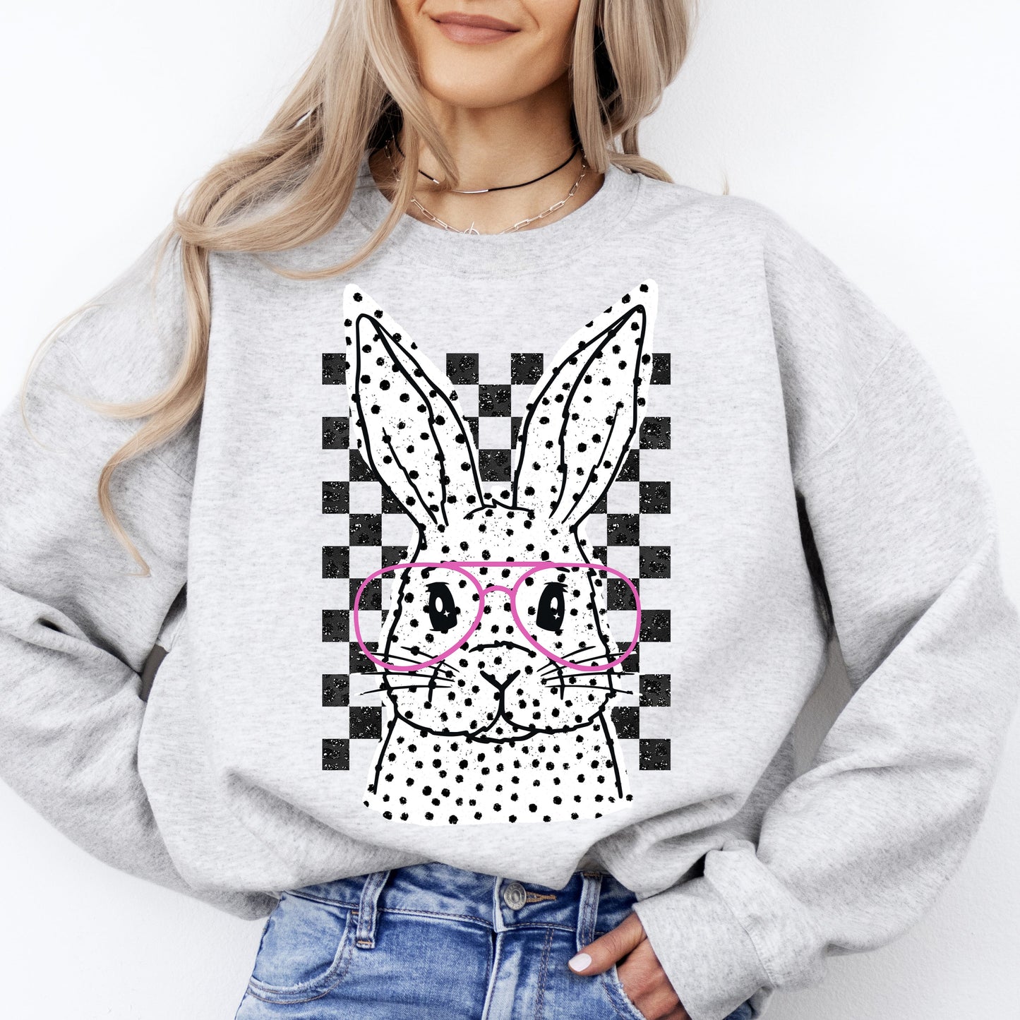 Checkered, Retro, Polka Dot, Easter, Bunny, Jesus, Rabbit, Holiday Sweatshirt