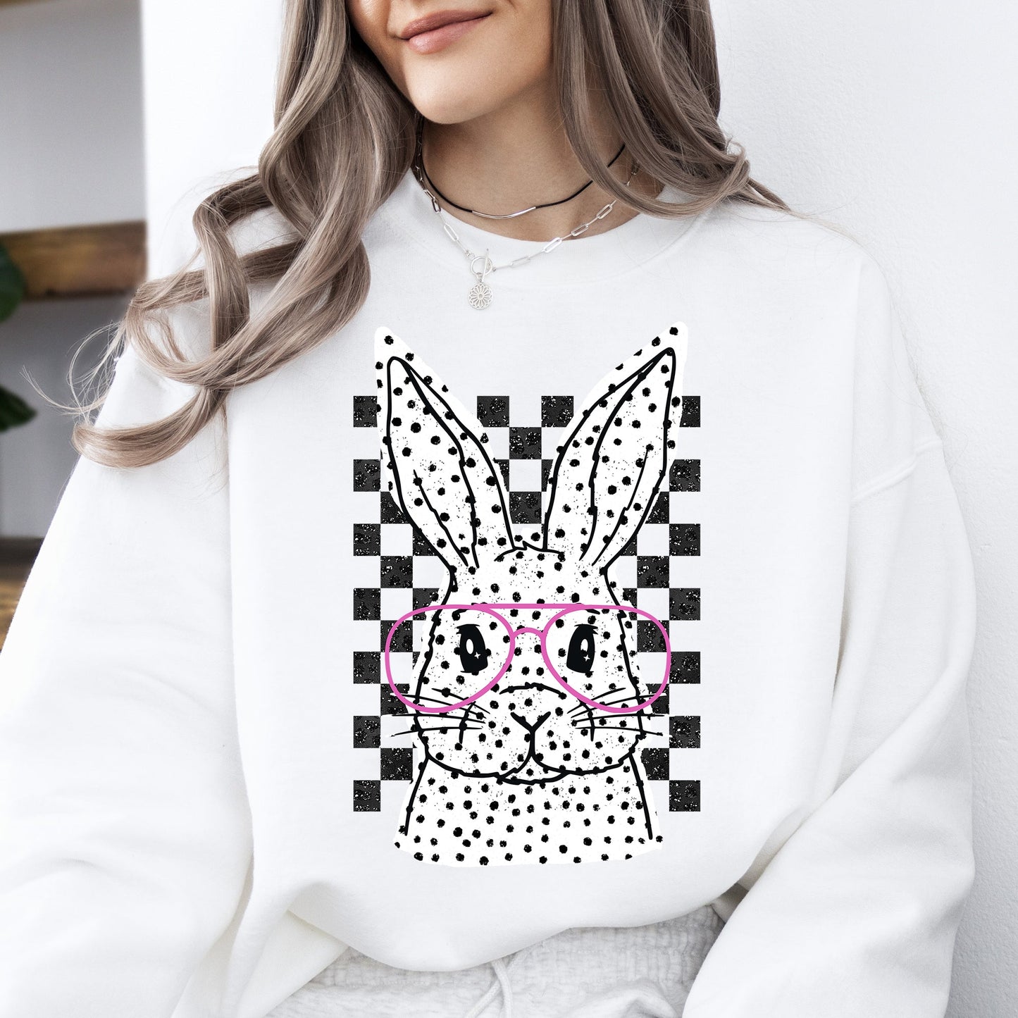 Checkered, Retro, Polka Dot, Easter, Bunny, Jesus, Rabbit, Holiday Sweatshirt