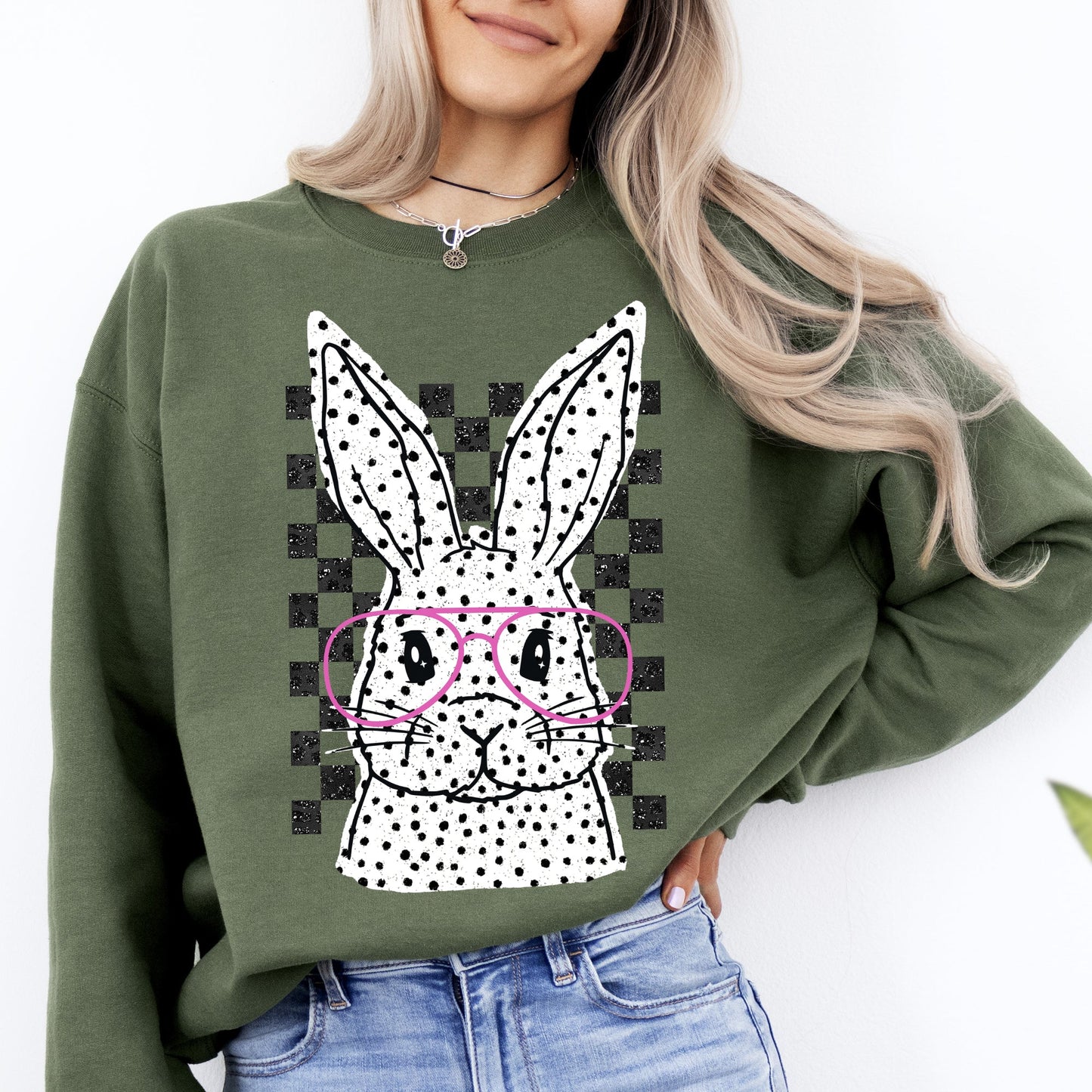 Checkered, Retro, Polka Dot, Easter, Bunny, Jesus, Rabbit, Holiday Sweatshirt