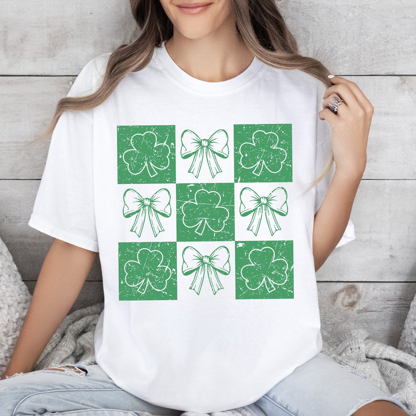 Checkered, Retro, Ribbon, Bows, St Patrick's Day, Shamrock, Clover, Lucky, Leprechaun Tshirt Comfort Colors T-Shirt