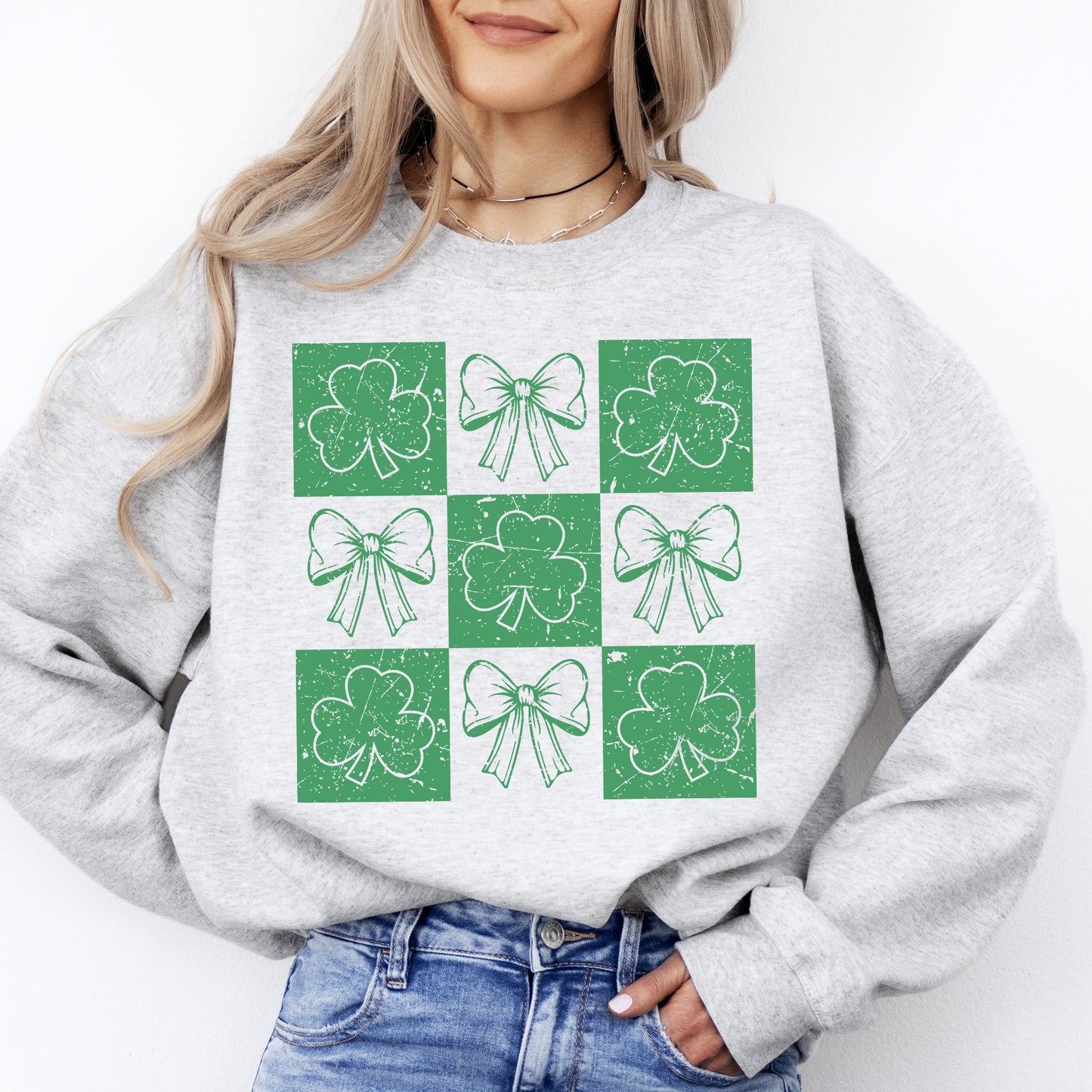 Checkered, Retro, Ribbon, Bows, St Patrick's Day, Shamrock, Clover, Lucky, Leprechaun Sweatshirt