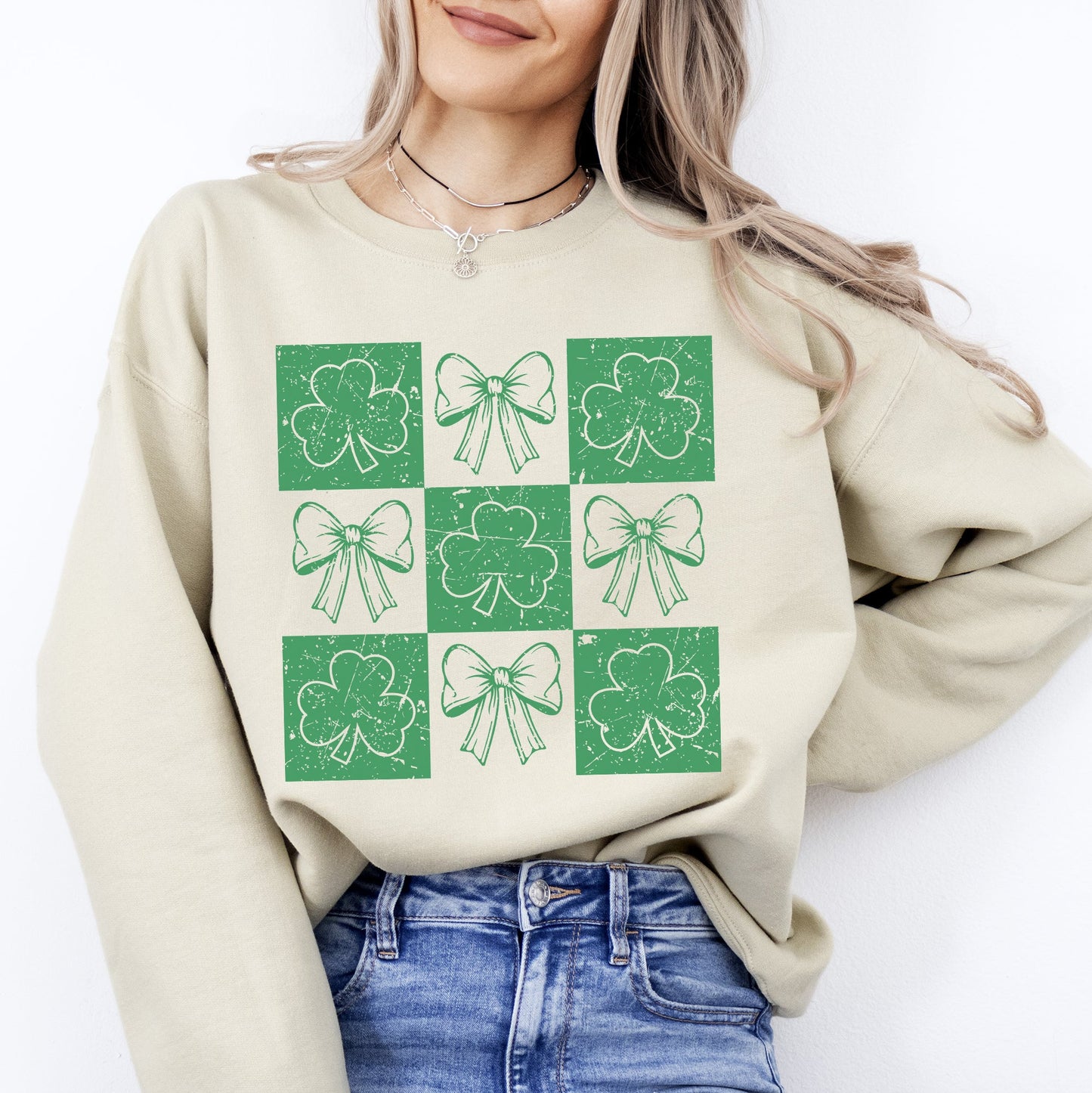 Checkered, Retro, Ribbon, Bows, St Patrick's Day, Shamrock, Clover, Lucky, Leprechaun Sweatshirt