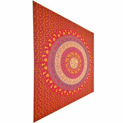 Decorative wall tapestry with a circular mandala design on a red background