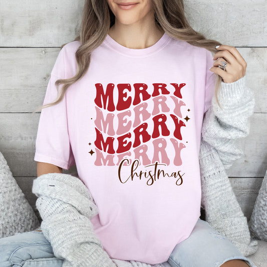 Merry Merry Merry Christmas Pink Retro Comfort Colors Tshirt, Vintage Christmas Tee